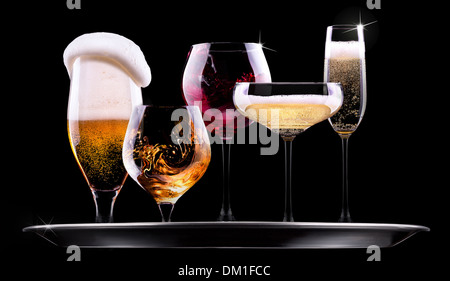 tray with different drinks on black background - champagne, beer, cocktail, wine, brandy, whiskey, scotch, vodka, cognac Stock Photo