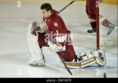 Jan. 01, 2010 - Denver, Colorado, USA - 01 January 2010:  Marc Cheverie (1) during warmups before Denver's victory over the Mavericks. Nebraska at Omaha Mavericks vs. Denver Pioneers during the Wells Fargo Denver Cup at Magness Arena in Denver, Colorado..Mandatory Credit: Andrew Fielding / Southcreek Global (Credit Image: © Andrew Fielding/Southcreek Global/ZUMApress.com) Stock Photo