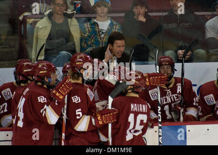 Jan. 01, 2010 - Denver, Colorado, USA - 01 January 2010:  DU Coach George Gwozdecky gives his team some words of advice. Nebraska at Omaha Mavericks vs. Denver Pioneers during the Wells Fargo Denver Cup at Magness Arena in Denver, Colorado..Mandatory Credit: Andrew Fielding / Southcreek Global (Credit Image: © Andrew Fielding/Southcreek Global/ZUMApress.com) Stock Photo