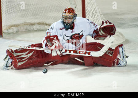 Jan. 01, 2010 - Denver, Colorado, USA - 01 January 2010:  Maverick's goalie John Faulkner makes a split save. Nebraska at Omaha Mavericks vs. Denver Pioneers during the Wells Fargo Denver Cup at Magness Arena in Denver, Colorado..Mandatory Credit: Andrew Fielding / Southcreek Global (Credit Image: © Andrew Fielding/Southcreek Global/ZUMApress.com) Stock Photo