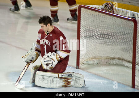 Jan. 01, 2010 - Denver, Colorado, USA - 01 January 2010:  Marc Cheverie (1) during warmups before Denver's victory over the Mavericks. Nebraska at Omaha Mavericks vs. Denver Pioneers during the Wells Fargo Denver Cup at Magness Arena in Denver, Colorado..Mandatory Credit: Andrew Fielding / Southcreek Global (Credit Image: © Andrew Fielding/Southcreek Global/ZUMApress.com) Stock Photo