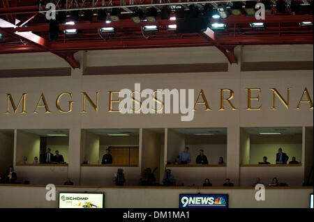 Jan. 01, 2010 - Denver, Colorado, USA - 01 January 2010:  Magness Arena sign above the press box. Nebraska at Omaha Mavericks vs. Denver Pioneers during the Wells Fargo Denver Cup at Magness Arena in Denver, Colorado..Mandatory Credit: Andrew Fielding / Southcreek Global (Credit Image: © Andrew Fielding/Southcreek Global/ZUMApress.com) Stock Photo