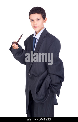 Young boy dressed with a big man's suit and a pipe Stock Photo