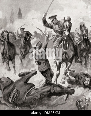 Furious charge of British cavalry at The Battle of Mons, 23rd August 1914 during WWI. Stock Photo