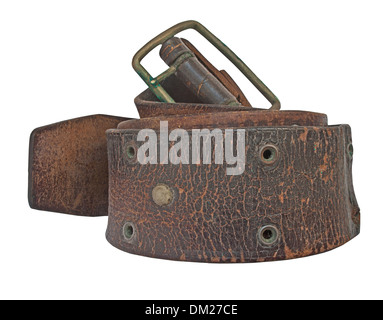 vintage leather belt with brass buckle over white, clipping path Stock Photo
