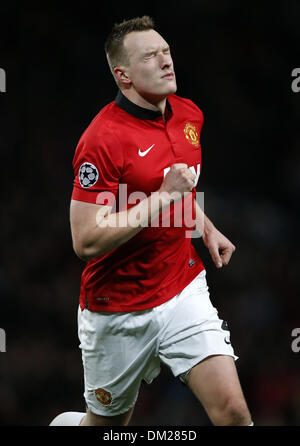 Manchester, UK. 10th Dec, 2013. Phil Jones of Manchester United celebrates scoring during the UEFA Champions League Group A match between Manchester United and Shakhtar Donetsk at Old Trafford Stadium in Manchester, Britain on Dec. 10, 2013. Manchester United won 1-0. Credit:  Wang Lili/Xinhua/Alamy Live News Stock Photo