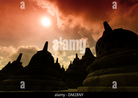 BOROBUDOR IN YOGYAKARTA INDONESIA IS THE BIGGEST BUDHA TEMPLE IN THE WORLD. A WORLD HERITAGE LIST NUMBER 592. Stock Photo