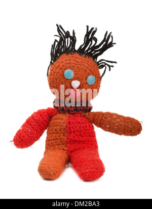 Old handmade knitted doll isolated on white Stock Photo