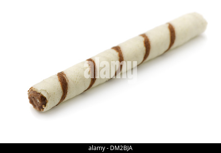 Single waffle roll filled with chocolate isolated on white Stock Photo