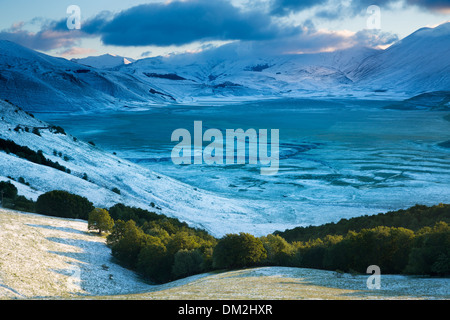 snow on the Piano Grande at dawn, Monti Sibillini National Park, Umbria. Italy Stock Photo