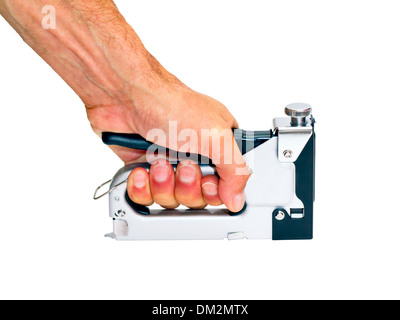 staple gun in the man's hand on a white background Stock Photo