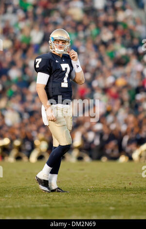 University of Connecticut at University of Notre Dame; Notre Dame quaterback Jimmy Clausen looks dejectedly onto the field after a fumble by Michael Floyd;   Notre Dame Stadium; South Bend, IN (Credit Image: © John Korduner/Southcreek Global/ZUMApress.com) Stock Photo