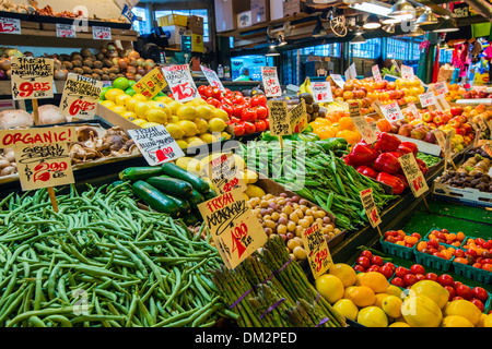 Fruits and vegetables stall, Pike Place Market, Seattle, Washington, USA Stock Photo
