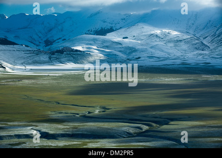 snow on the Piano Grande at dawn, Monti Sibillini National Park, Umbria. Italy Stock Photo