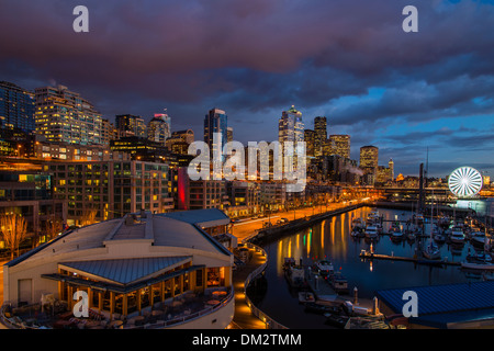 Waterfront and Great Wheel by night, Seattle, Washington, USA Stock Photo