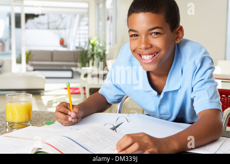 Boy Doing Homework In Kitchen Stock Photo