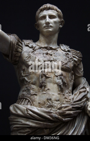 Augustus, (63 B.C.-14 D.C.) of Prima Porta. Marble. Breastplate with relief depicting the return of the Roman legionary eagles. Stock Photo