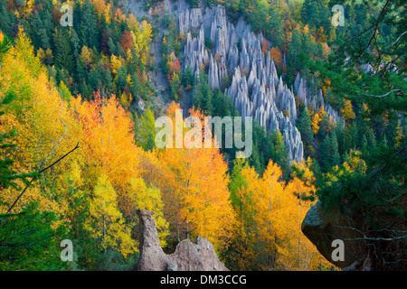 Ritten geomorphology Italy Europe Trentino South Tirol earth pillar geology erosion forms nature cliff wood forest autumn Stock Photo