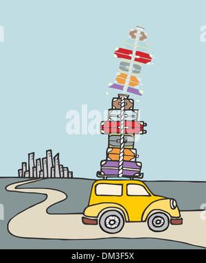 Vacations: a car charged with a lot of luggage. Stock Vector