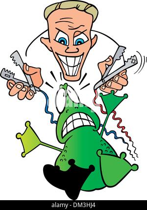 crazy scientist and frightened frog Stock Vector