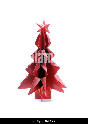 Origami christmas tree made from red paper shot over white background