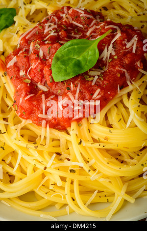 traditional italian pasta closeup with tomato sauce and basil Stock Photo