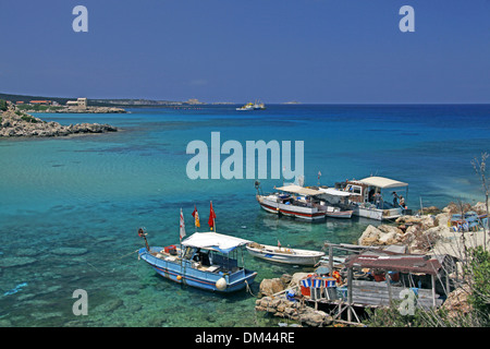 FISHING BOATS & BLUE WATER KARPAS PENINSULA NORTHERN CYPRUS 26 May 2013 Stock Photo