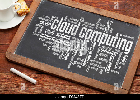 cloud computing word cloud on a vintage slate blackboard with a cup of coffee Stock Photo
