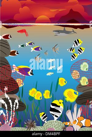 sunset swimming fish Stock Vector