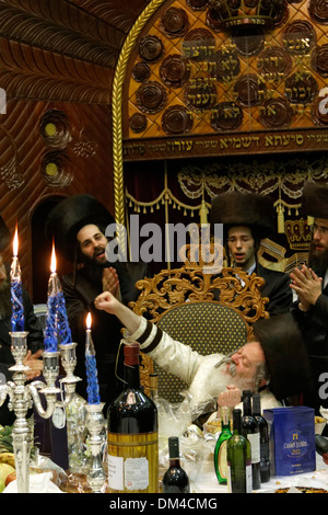 Bnei Brak, the Rabbi of Premishlan congregation and his hasids rejoice the holiday of Purim Stock Photo