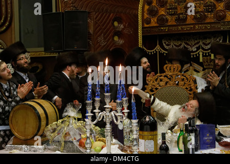 Bnei Brak, the Rabbi of Premishlan congregation and his hasids rejoice the holiday of Purim Stock Photo