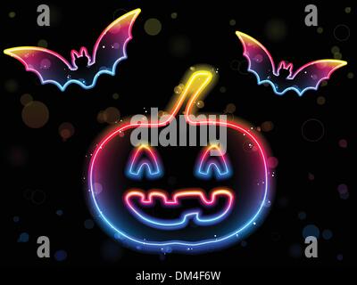 Halloween Neon Background with Pumpkin and Bats Stock Vector