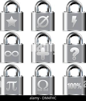 Math icons on secure lock button sets Stock Vector