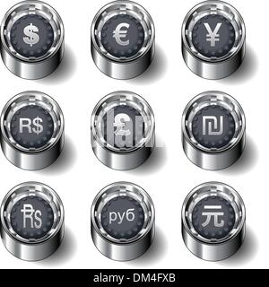 International currency symbol icons on rubber vector buttons Stock Vector