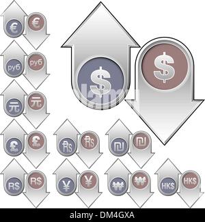 International currency icons on up and down arrows Stock Vector