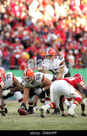 Cleveland Browns quarterback Brady Quinn (10) hands off to running back  Jerome Harrison (35) during the NFL football game between the Kansas City  Chiefs and the Cleveland Browns at Arrowhead Stadium in