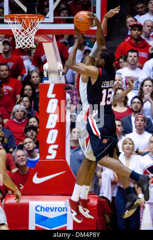 San Diego State forward Kawhi Leonard (15) trying to dunk over Lobo forward A.J. Hardeman (00). #15 University of New Mexico Lobos had a close call against San Diego State winning in over time 86-88 at the Pitt in Albuquerque, New Mexico. SDSU has won 9 straight over times until New Mexico. (Credit Image: © Long Nuygen/Southcreek Global/ZUMApress.com) Stock Photo