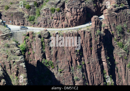 Aerial View of Car Motoring or Driving Along Narrow Corniche or Mountain Road in the Daluis Gorge Haut-Var Alpes-Maritimes France Stock Photo
