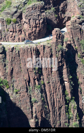 Aerial View of Car Driving Along Narrow Dangerous Mountain Road in Daluis Gorge Haut-Var Alpes-Maritimes France Stock Photo