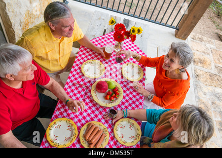 Two retired couples at a backyard babecue party. Caucasian ethnicity. All men and women are around 60 years old. Stock Photo