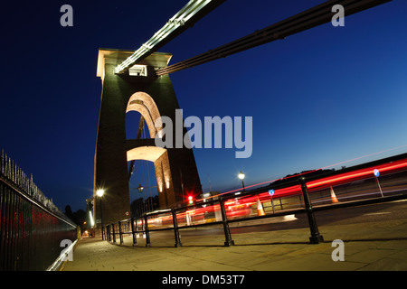 Clifton Suspension Bridge light trails at dusk. August 2013. Stock Photo