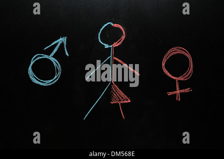 Female and male symbols with a half female half male stick figure drawn on a blackboard in chalk.