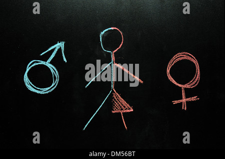 Female and male symbols with a half female half male stick figure drawn on a blackboard in chalk.