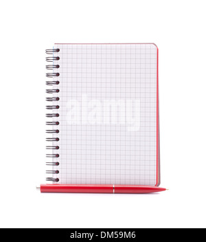 Open blank checked notebook with red pen isolated on white background cutout Stock Photo