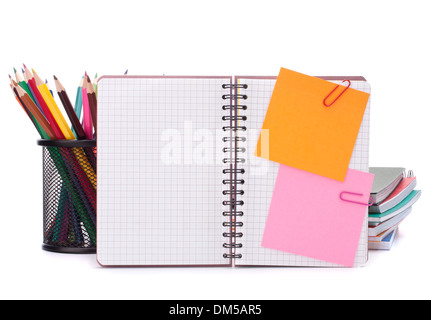 Blank checked notebook with notice papers isolated on white background cutout Stock Photo