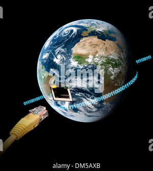 Binary numbers around the world with Ethernet port. Stock Photo