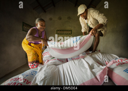 Sacks of rice are sorted in a warehouse in Fenerive Est District, Madagascar, Africa. Stock Photo