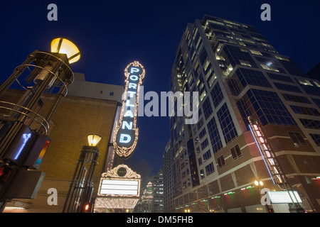 Broadway Portland Oregon Downtown Entertainment District at Evening Blue Hour with Blank Marquee Sign Stock Photo