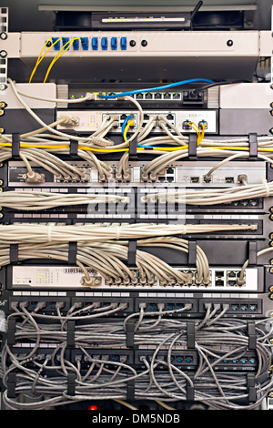 Patch Panel server rack with cords in different colors Stock Photo
