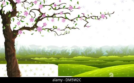 Blooming fairy-tale tree over summer rolling landscape Stock Vector